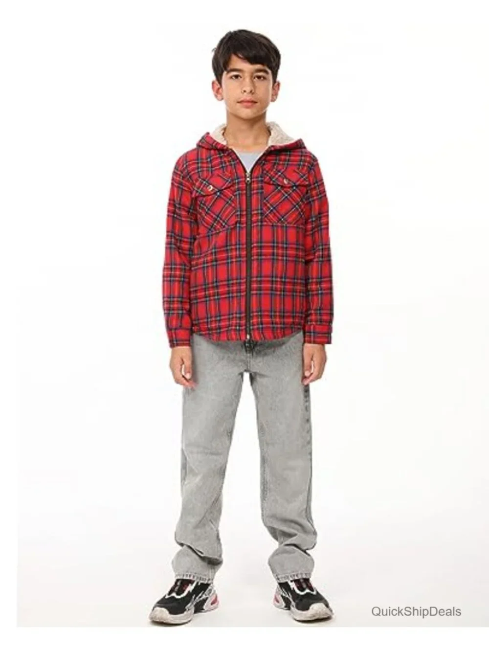 Boys Sherpa Lined Flannel Jacket Hooded Zip Up Plaid Coat